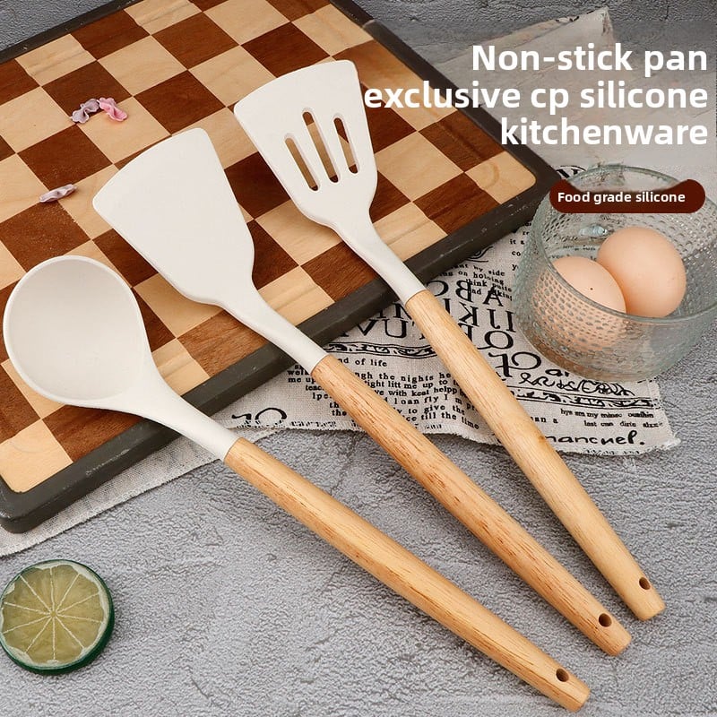 Wooden Handle Silicone Spatula & Spoon Set ? Heat Resistant Non-Stick Kitchen Cooking Tools